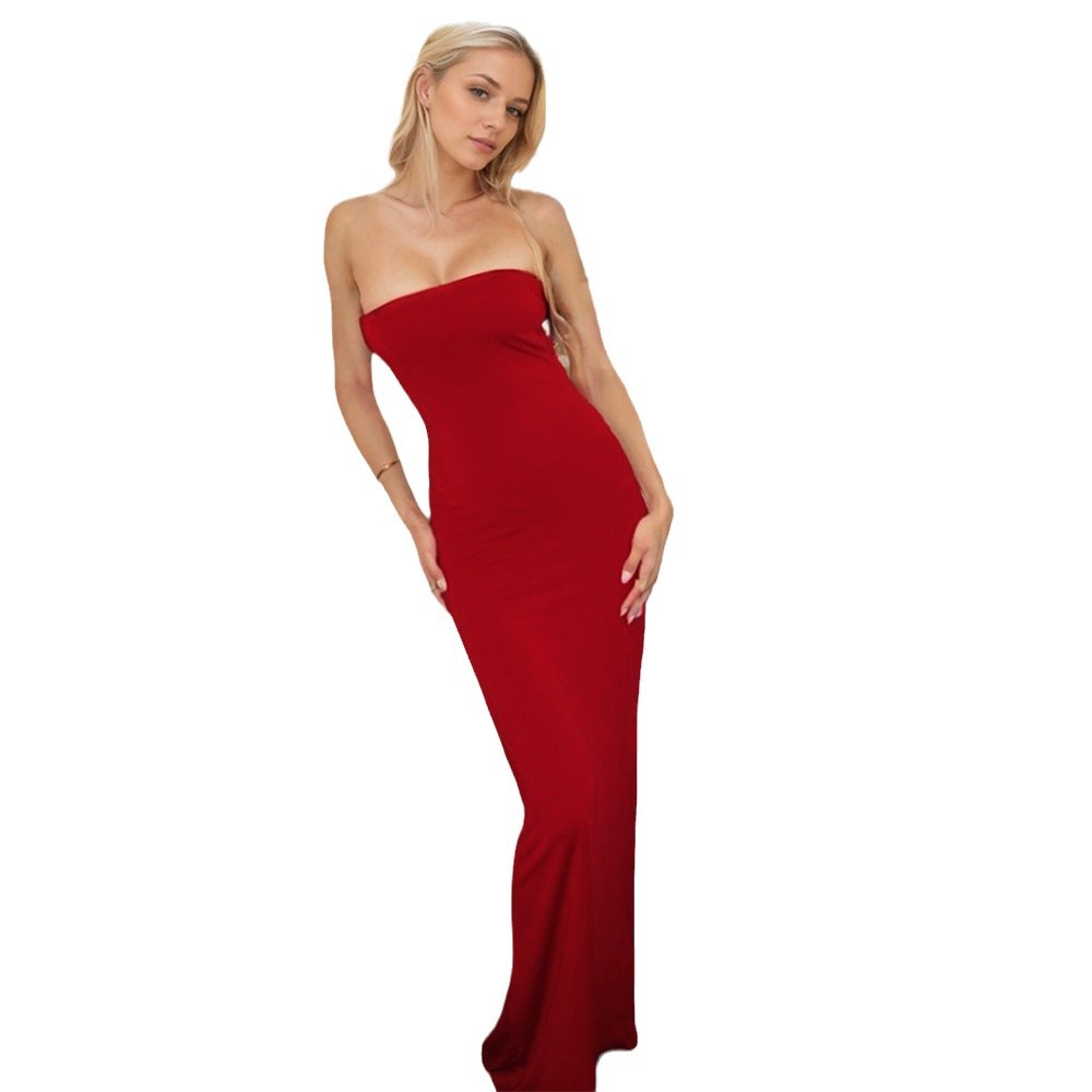 Spring Summer New Elegant Vacation Wine Red Dress High Waist Long Dress