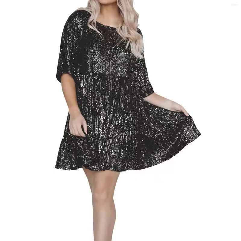 Sequin A Line Mini Dress Round Neck Short Sleeve Loose Fit Party Wear Evening Gown Wholesale Available