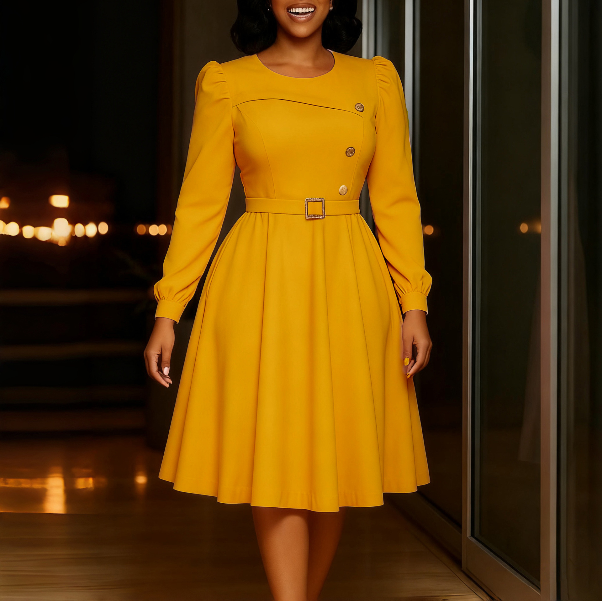 New Style Round Neck Long Sleeve High Waist A Line Dress Elegant Party Solid Color Foreign Trade African Dress