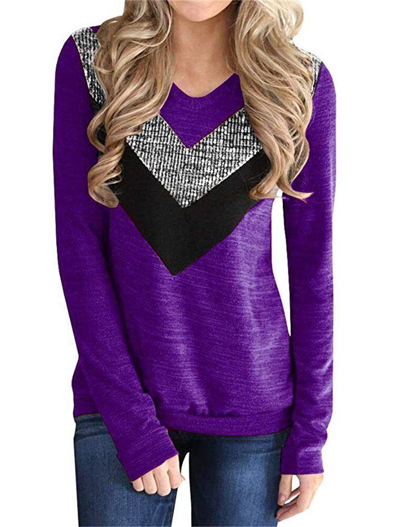 Womens Autumn Winter Long Sleeve T Shirt Sequin Patchwork Comfortable Fabric Stylish Design Casual Wear Wholesale