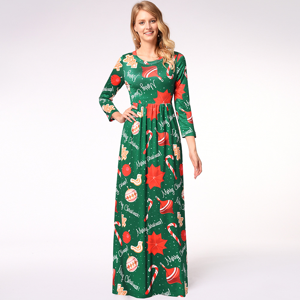 Floral Print Long Sleeve Christmas Dress Round Neck Elegant Style Spring Collection Wholesale Available