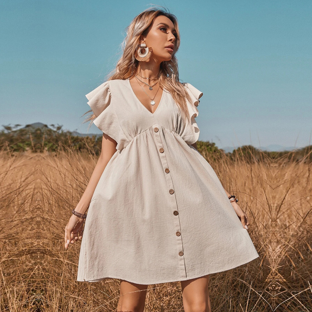 V Neck Button Down A Line Dress Floral Print Casual Style Comfortable Fabric Perfect for Spring and Summer