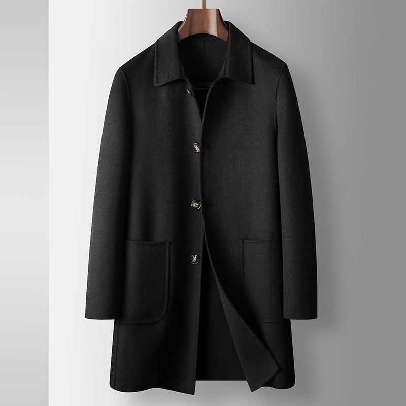 Handmade Double sided Wool Men's Coat Autumn Winter Mid length Youth Luxury Business Wool Overcoat