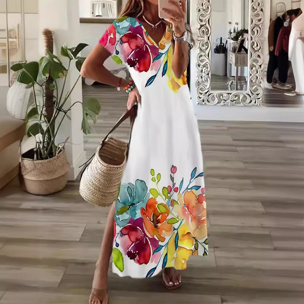 Womens Floral Casual Vacation V Neck Split Maxi Dress Lightweight Fabric Trendy Design Perfect for Summer Wholesale