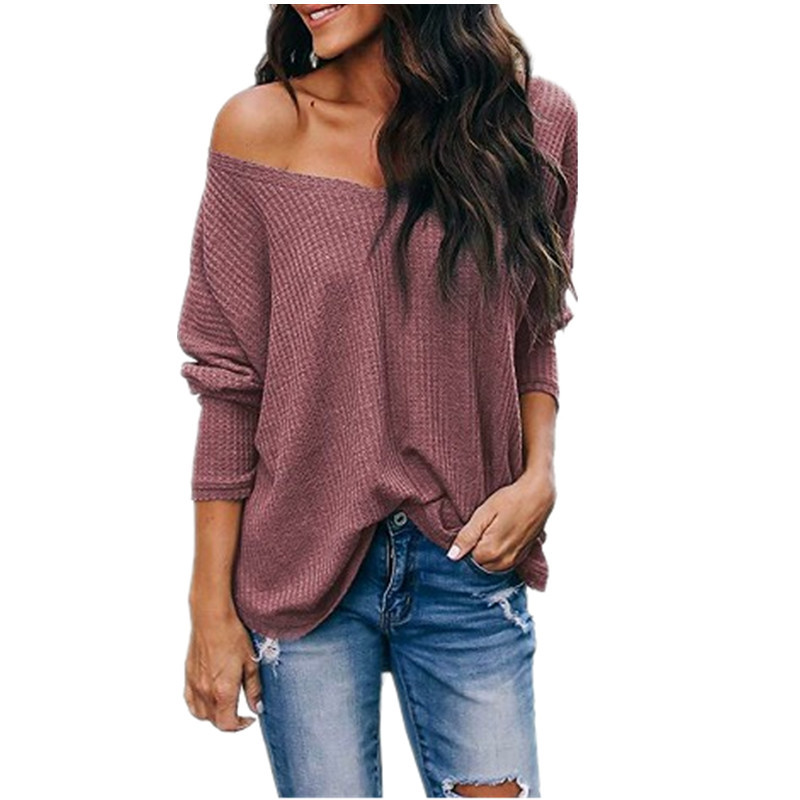 V Neck Off Shoulder Loose Long Sleeve T Shirt Autumn Style Comfortable Fabric Versatile Wear Wholesale Available