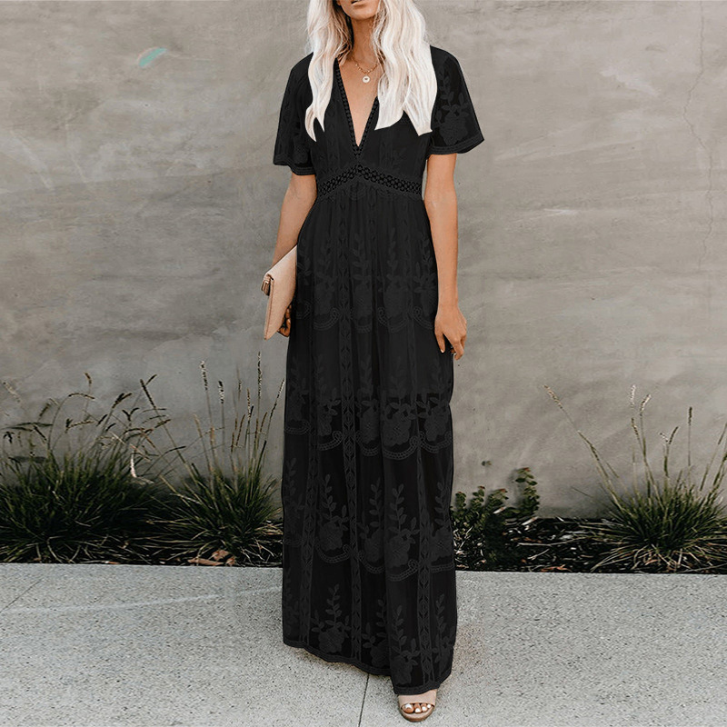 Lace Maxi Dress Embroidered V Neck Solid Color Summer Vacation Style Available in 6 Colors Wholesale