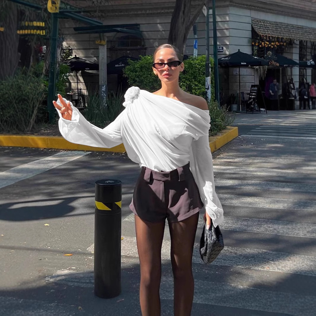 Womens Long Sleeve T Shirt Sheer Mesh Floral Embellishments Asymmetrical Shoulder Trendy Street Style Wholesale