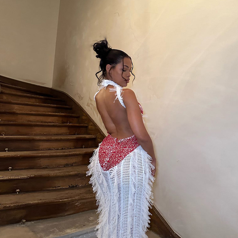 European and American Style Summer Women's New Fashion Personality Sleeveless Spliced Backless Fringed Sheer Long Dress