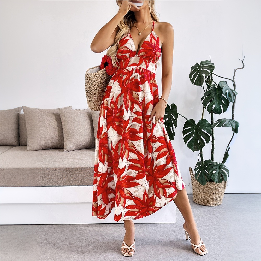 Casual Vacation Style Women's Dress Summer New Beach Maple Leaf Print Long Dress