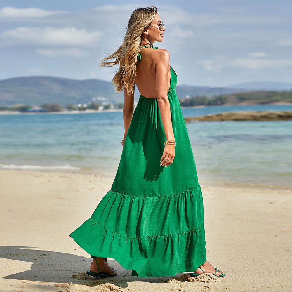 Summer New Sexy Backless Spaghetti Strap Long Dress with Large Skirt Hem Beach Dress for Women