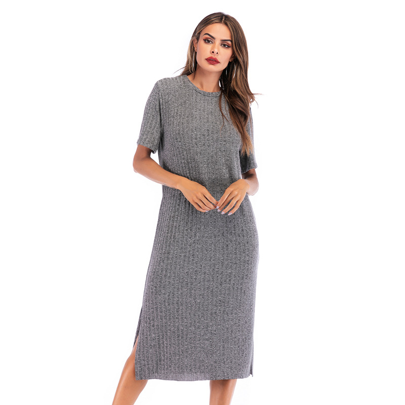 Womens Casual Solid Color Short Sleeve Round Neck Split Hem Dress Autumn Fashion Wholesale Available