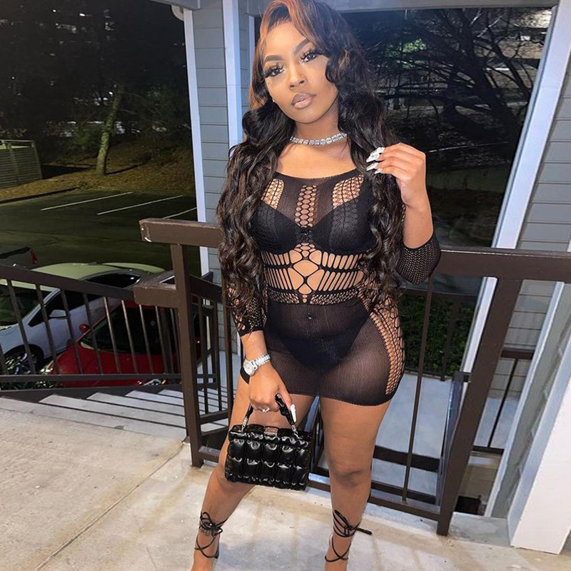 Spring Summer New European and American Women's Fashion Long Sleeve Net Yarn Sexy Slim Fit Bodycon Dress