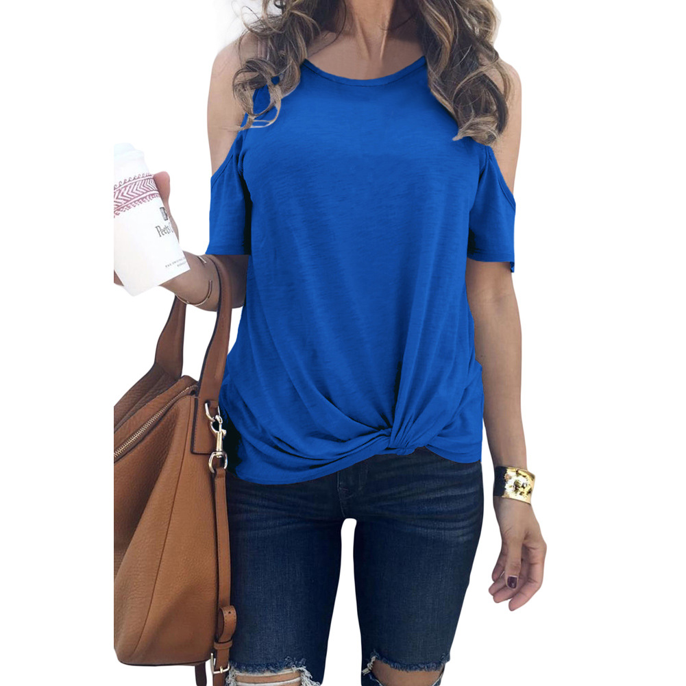 Womens Summer Loose T Shirt Round Neck Short Sleeve Solid Color Knot Hem Design Casual Wear Wholesale Available
