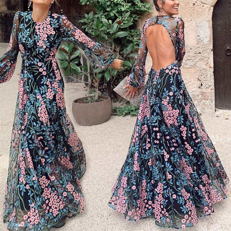 Womens Floral Print Maxi Dress Slim Fit Backless Design Elegant Style Perfect for Parties and Special Occasions