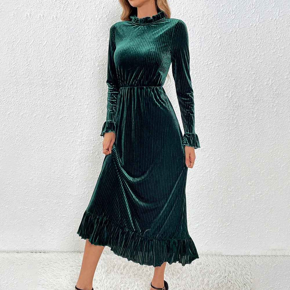 Elegant Velvet A line Long Dress with Waist Slimming and Long Sleeves