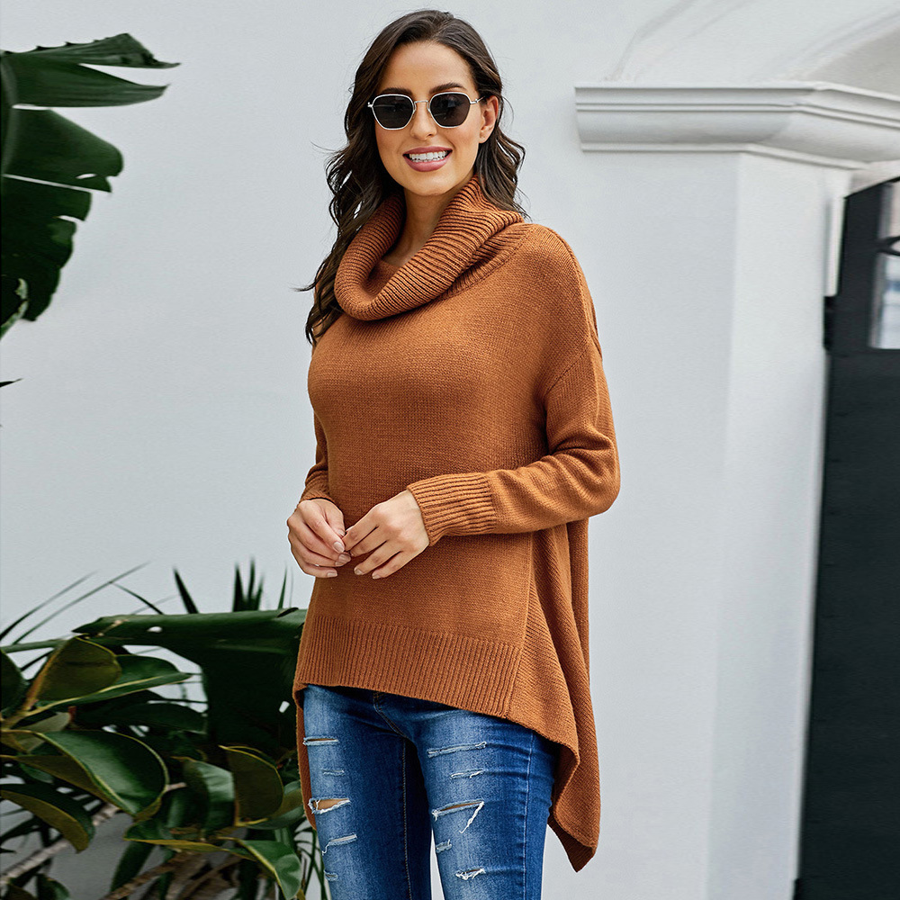 Womens Turtleneck Shawl Sweater Winter Long Length Asymmetrical Design Solid Color Casual Wear Wholesale