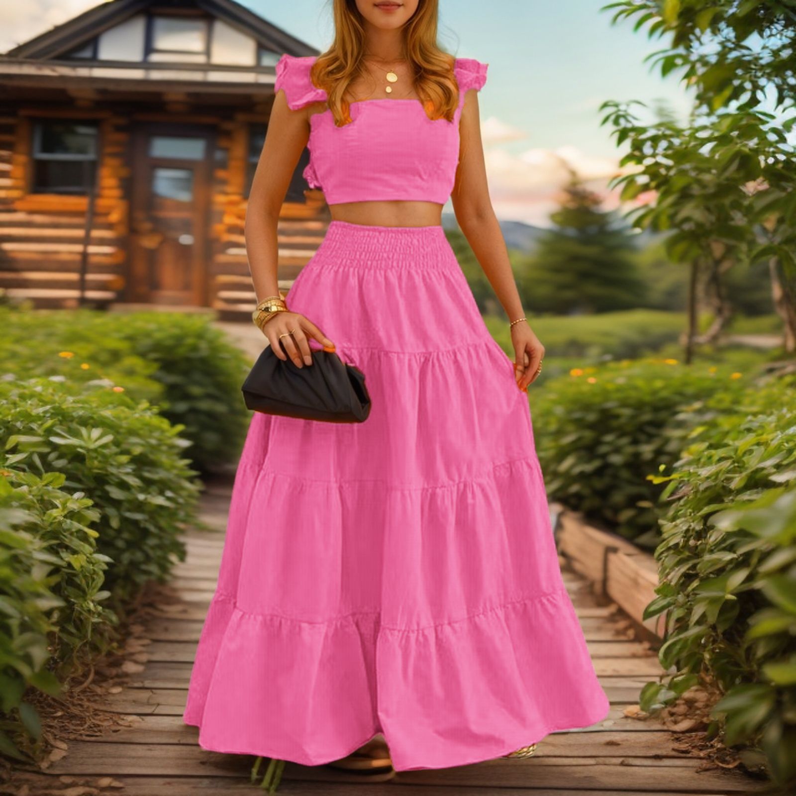 Summer New European and American Style Elegant Sexy Solid Color Mid Waist Strap Swing Two piece Dress Set