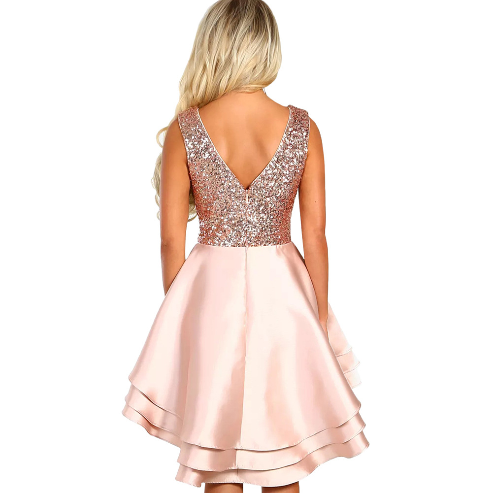 Sequin Evening Dress Sexy V Neck Sleeveless High Waist A Line Asymmetrical Hem Perfect for Parties and Formal