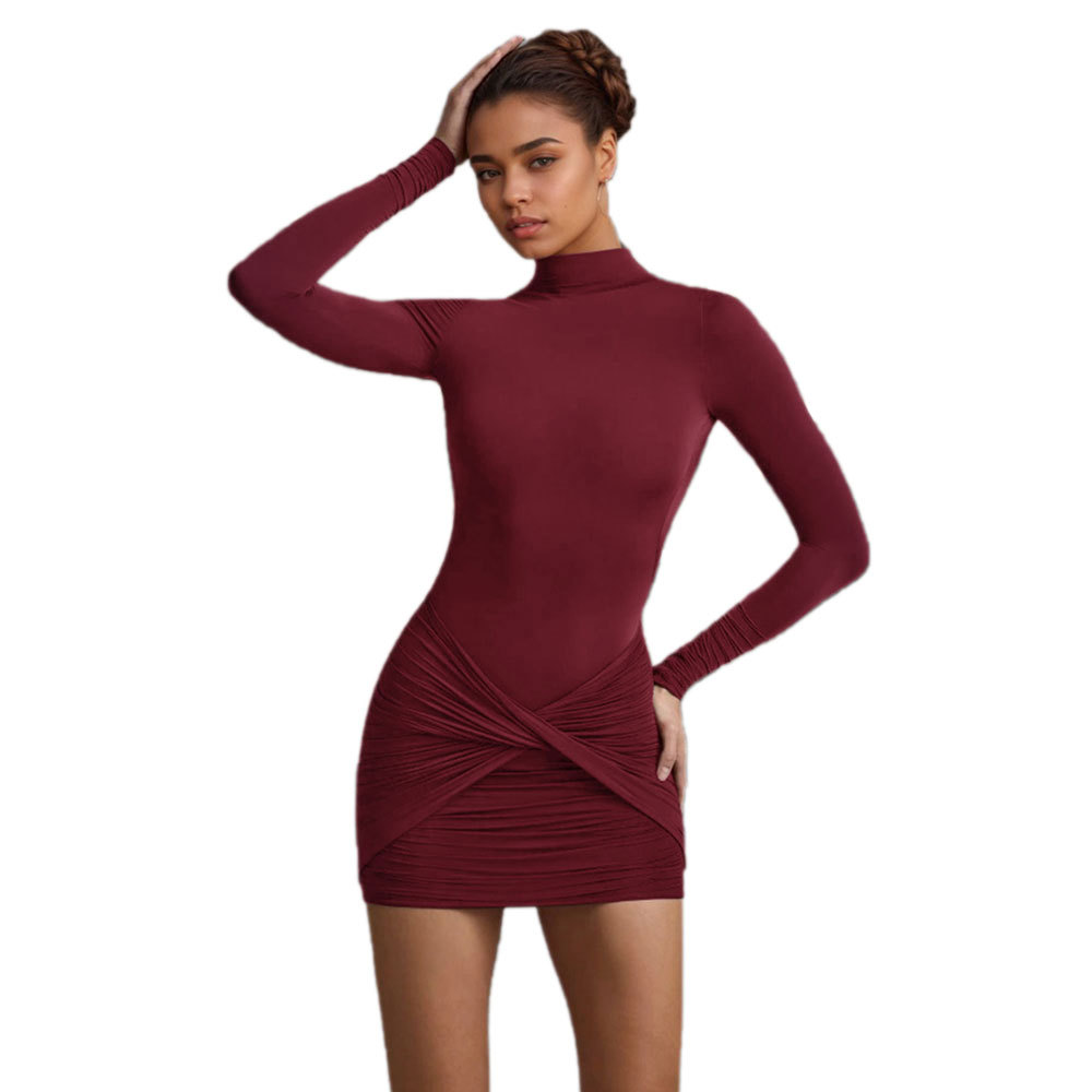European and American Sexy New Women's Solid Color Round Neck Long Sleeve Pullover Slim Fit Backless Bodycon Dress