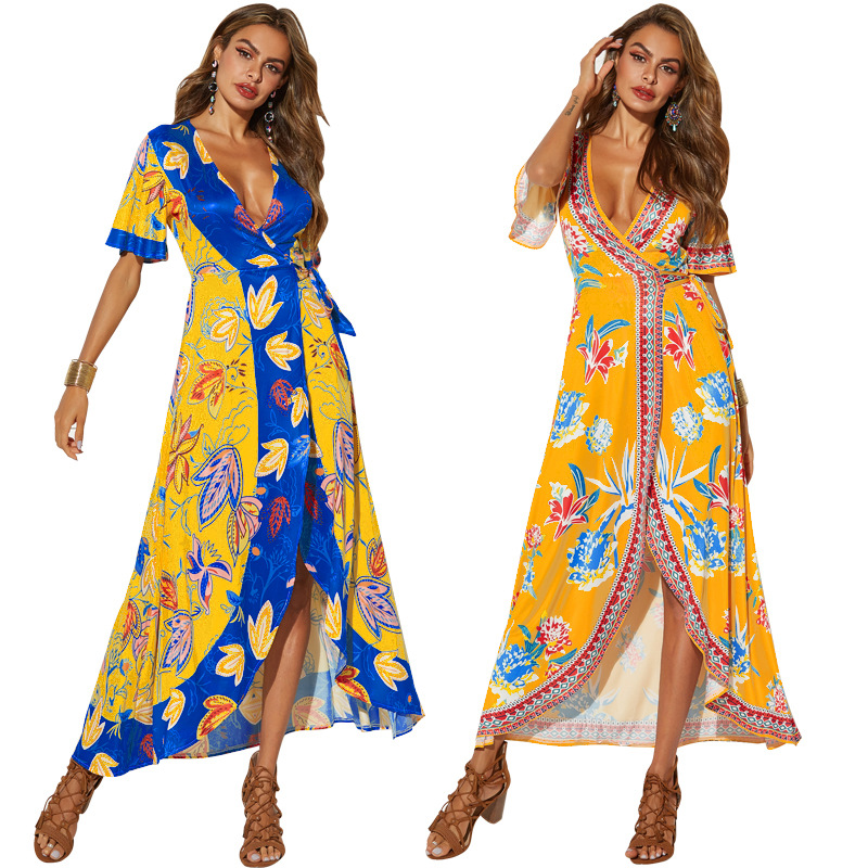 Womens Beach Dress Short Sleeve Sexy V Neck Split Hem Floral Print Vacation Wear Wholesale Available