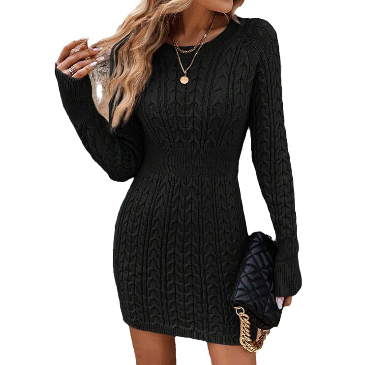 Knit Sweater Dress Fitted Waist Long Sleeve Ribbed Texture Autumn Winter Fashion Wholesale Available