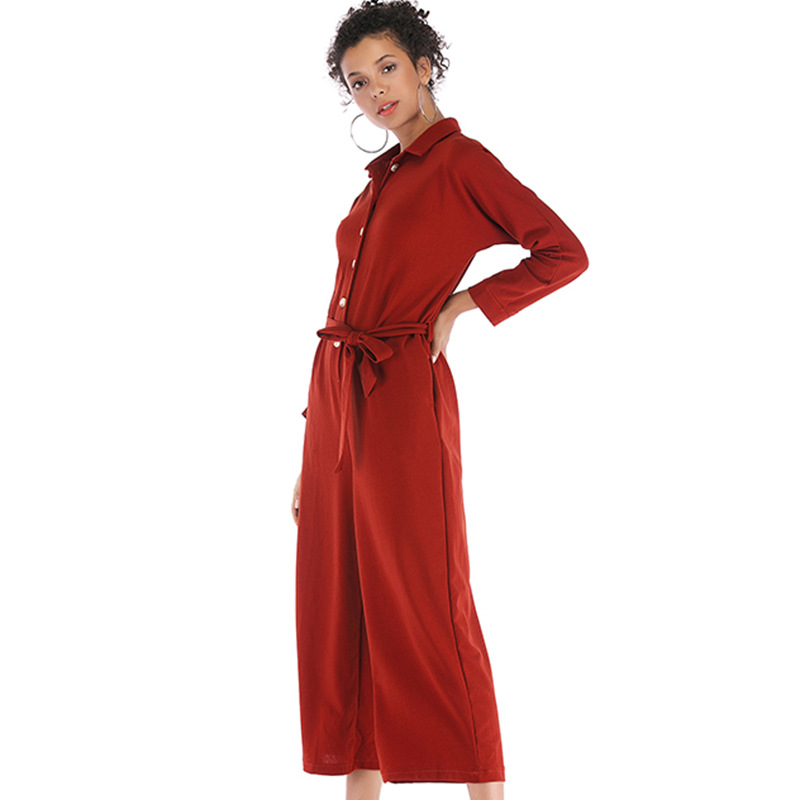 Womens Belted Solid Color Jumpsuit Wide Leg Casual Style Comfortable Fabric Wholesale Available