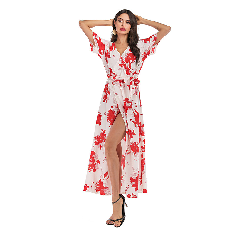 Floral Chiffon Dress V Neck Short Sleeve High Slit A Line Casual Beachwear Wholesale Available