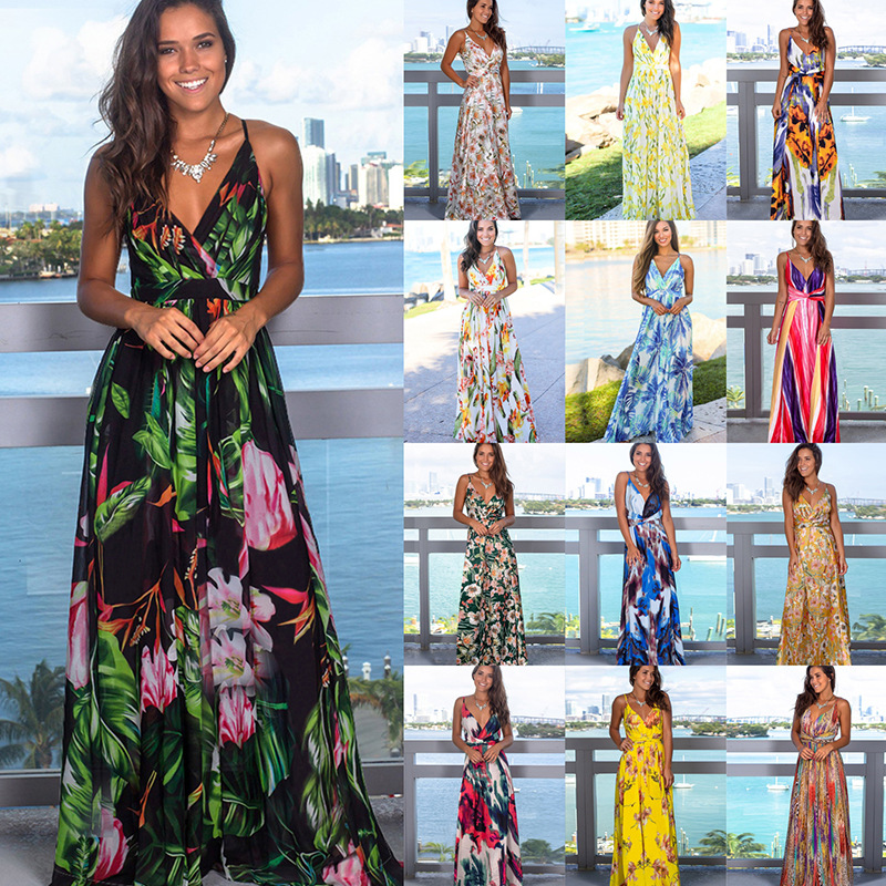Womens Floral Print Maxi Dress V Neck Backless Sleeveless Summer Beachwear Wholesale Available
