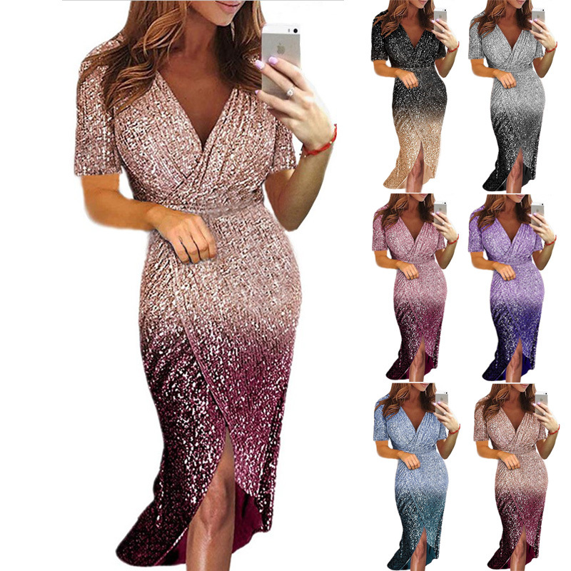Womens Evening Gown Short Sleeve Gradient Color Sequin Detail Formal Events Parties Wholesale Available