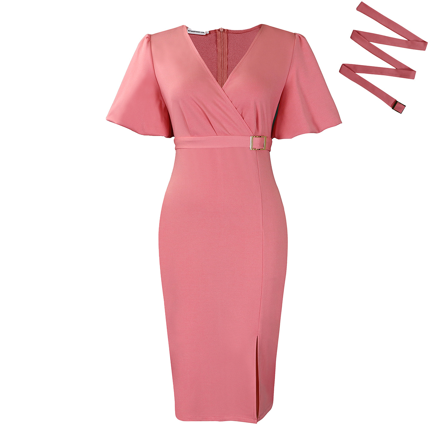 Fashionable V Neck Puff Sleeve Solid Color Bodycon Dress with Waist Tie and Side Slit for Women Trendy African Style Dress
