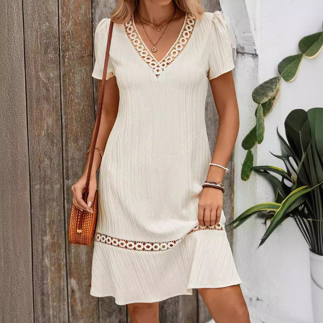 Lace Trim V Neck Loose Fit Dress Summer Style Casual Wear for Women Available for Wholesale custom packaging