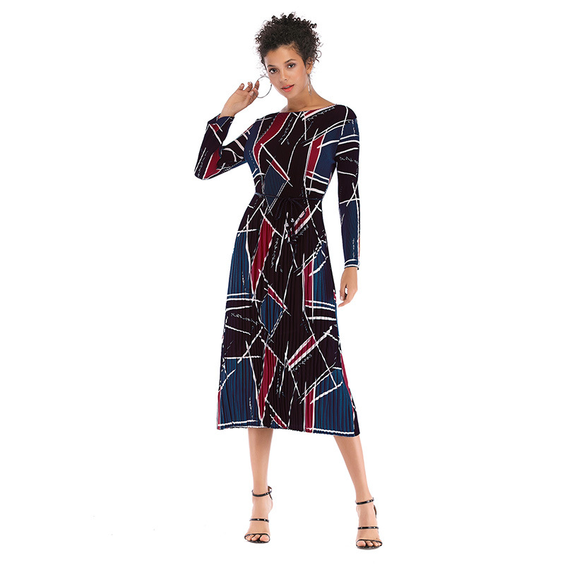 Geometric Print Chiffon Dress Long Sleeve Belted Pleated Design Perfect for Spring Summer Events Wholesale Available