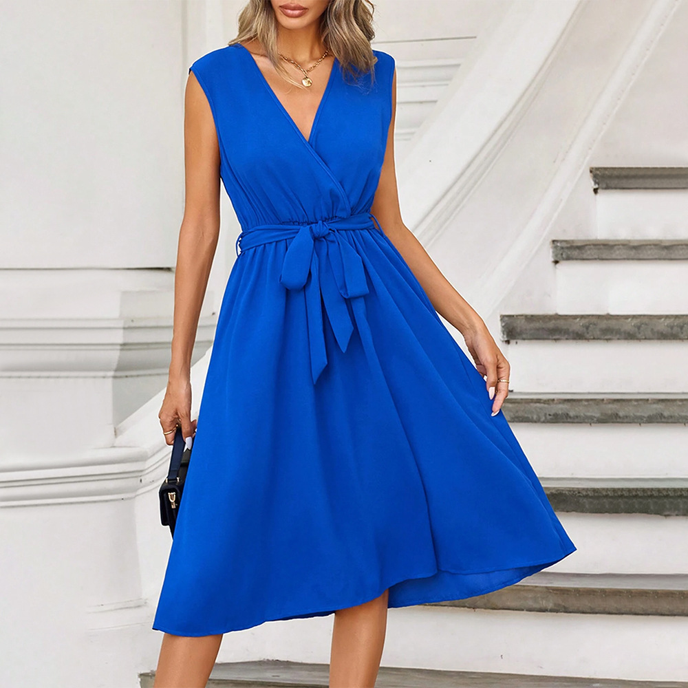 New European and American Style Woven Elegant V neck Tie Waist Slimming A line Dress