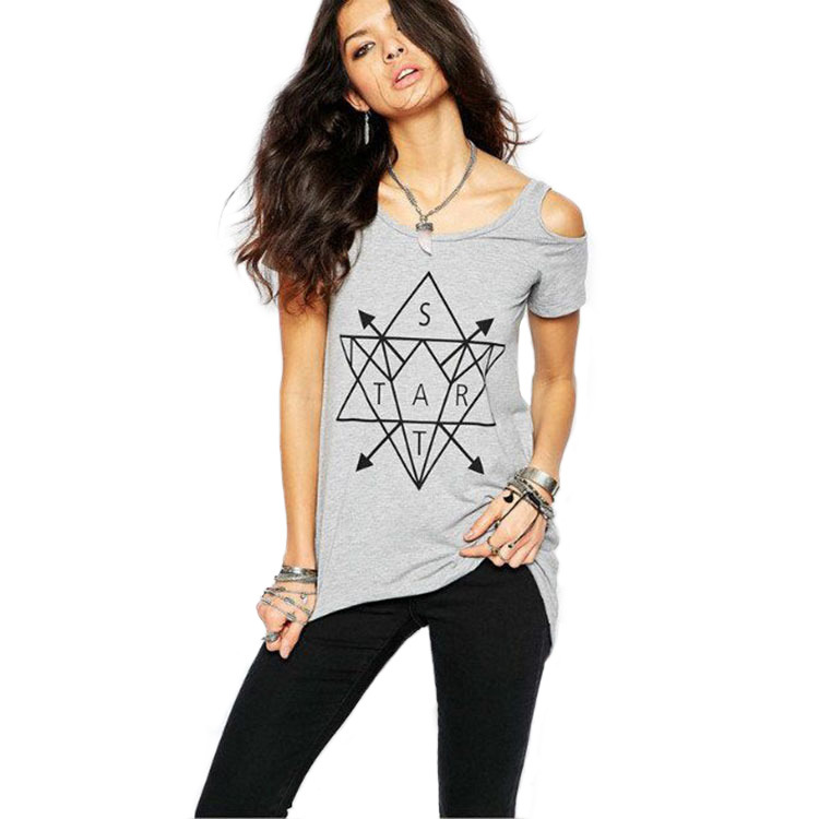 Geometric Print Off Shoulder T Shirt Short Sleeve Mid Length Stylish Design Casual Wear for Women Wholesale