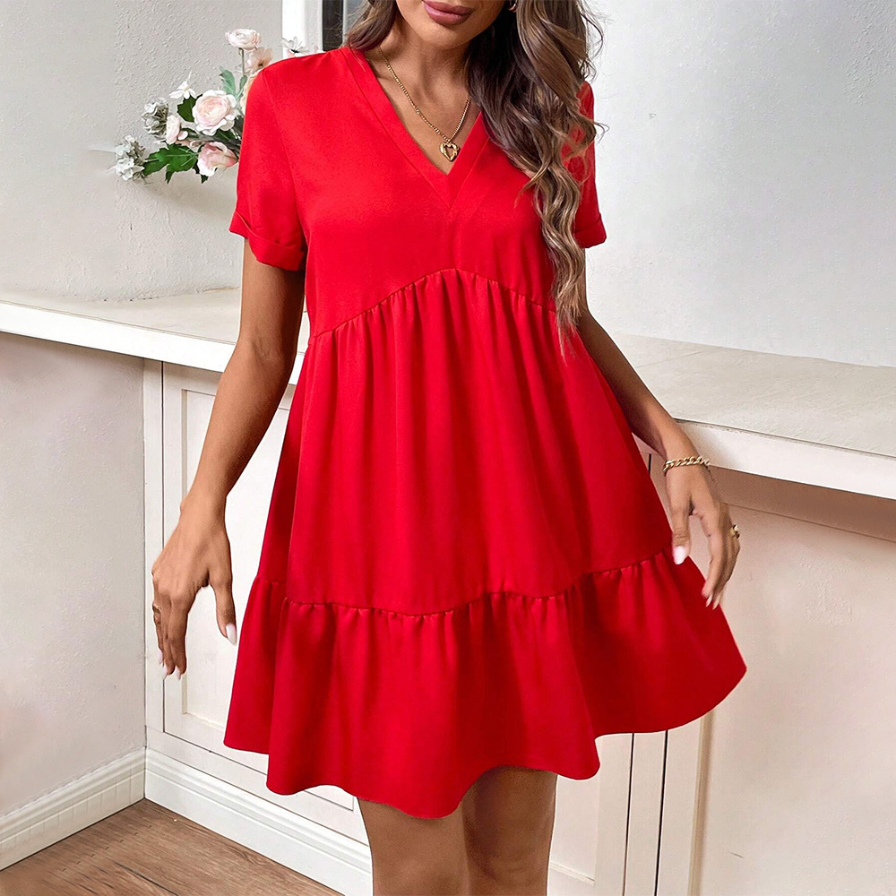 Casual Loose Big Hem Short Sleeve Red Dress with Small V Neck for Vacation