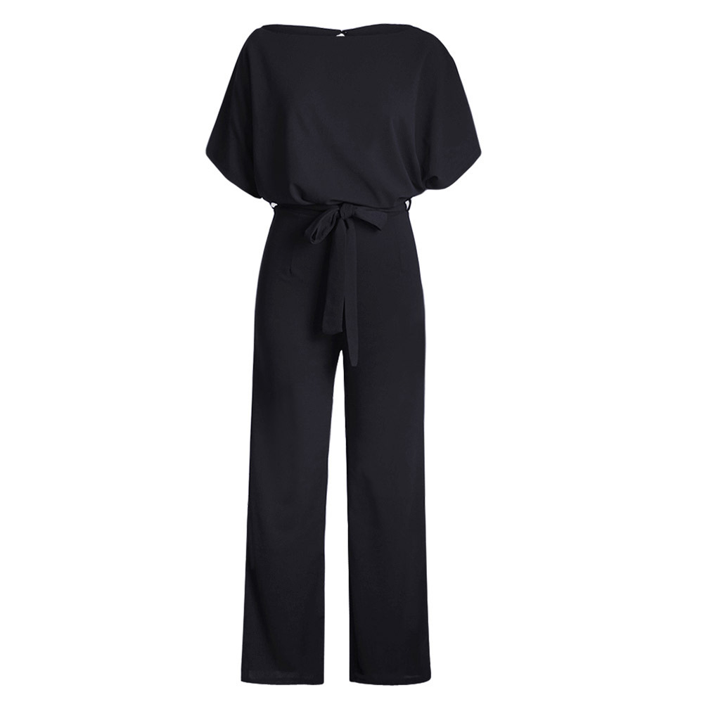 High Waisted Wide Leg Jumpsuit Solid Color Short Sleeve Tie Waist Casual Summer Wear Wholesale Available