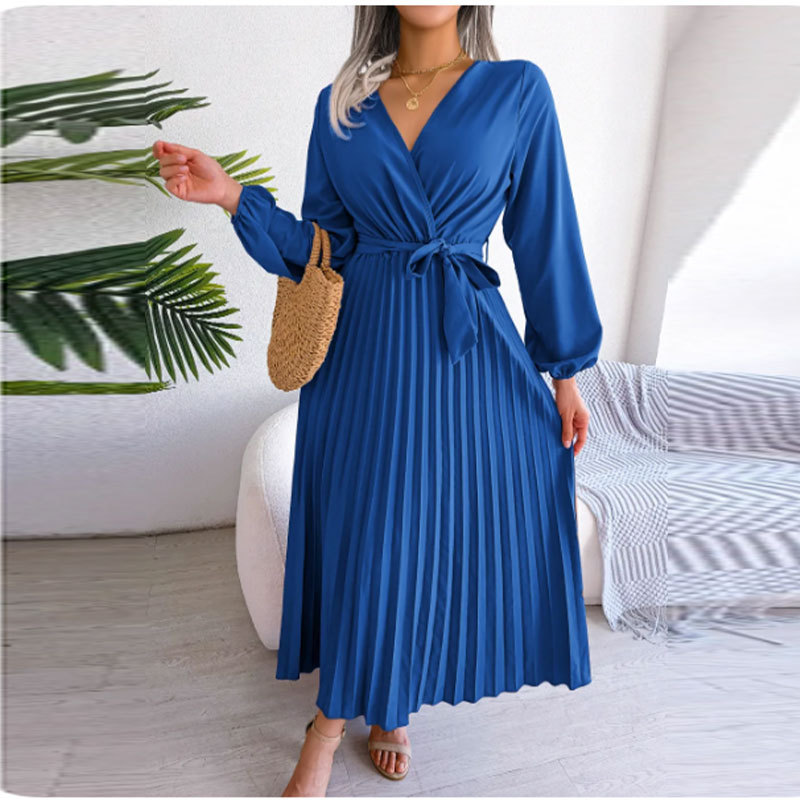 Summer Casual High Waist Pleated Dress Solid Color V Neck Cross Back Design Perfect for Outdoor Events Wholesale