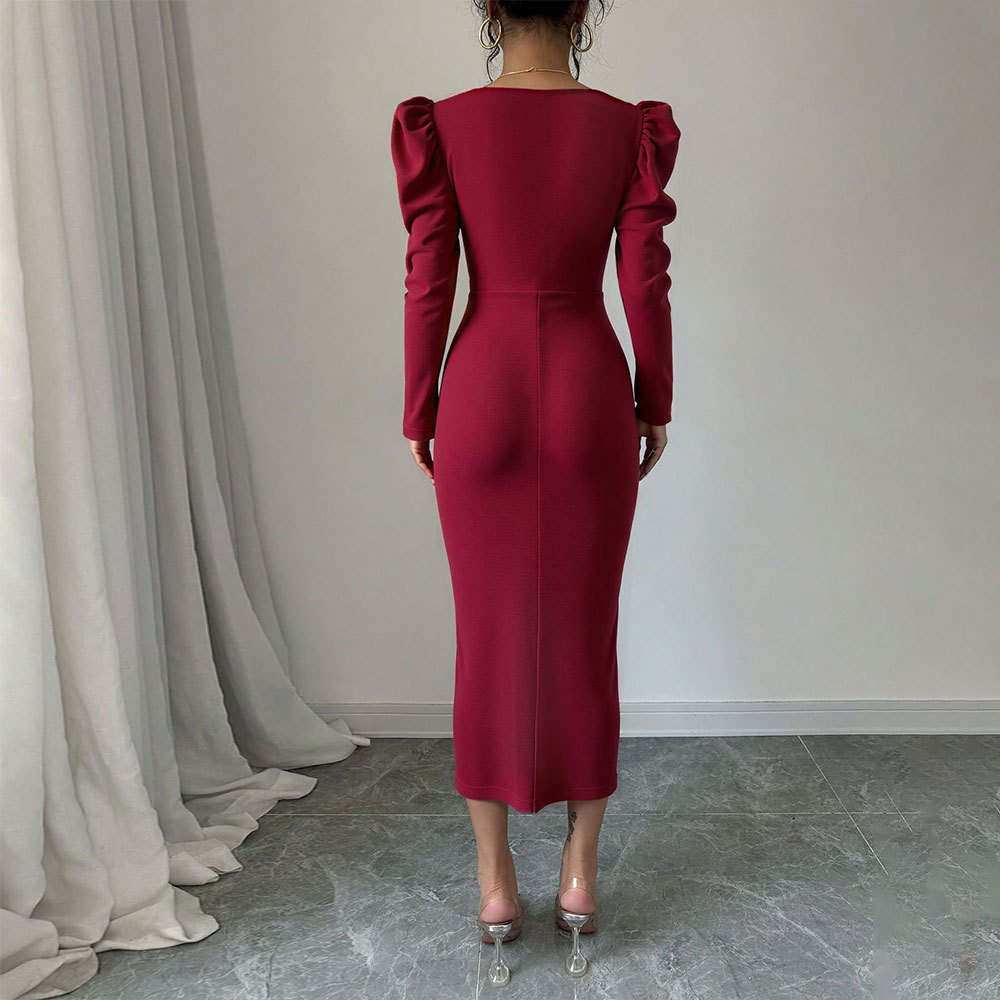 Vintage Burgundy Velvet Dress for Women Square Neck Puff Sleeves Slim Fit Side Slit Autumn Winter Evening Wear