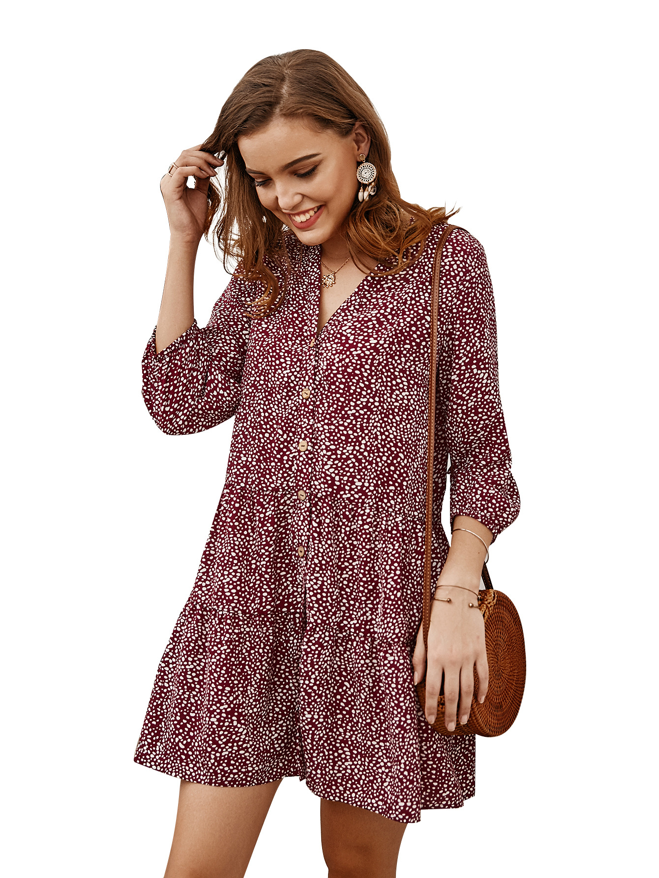 Floral Print Short Dress Womens Casual Style Three Quarter Sleeves Spring Summer Collection Wholesale Available