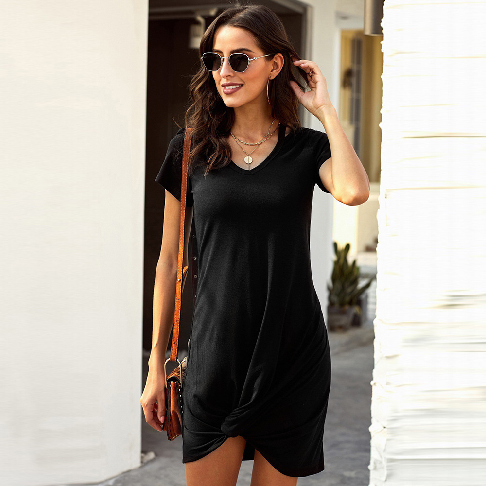 Summer Casual Solid Color Loose T Shirt Dress Short Sleeve V Neck Asymmetrical Hem Versatile for Daily Wear