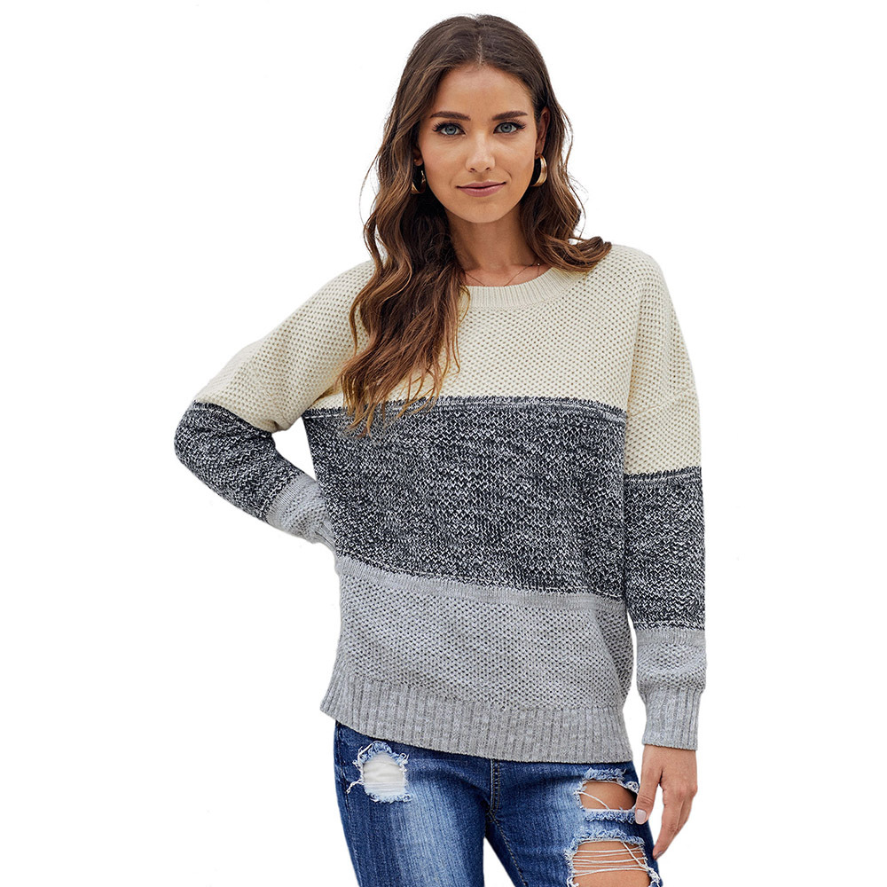Womens Color Block Sweater Loose Fit Round Neck Long Sleeve Knitted Autumn Winter Fashion Wholesale Available