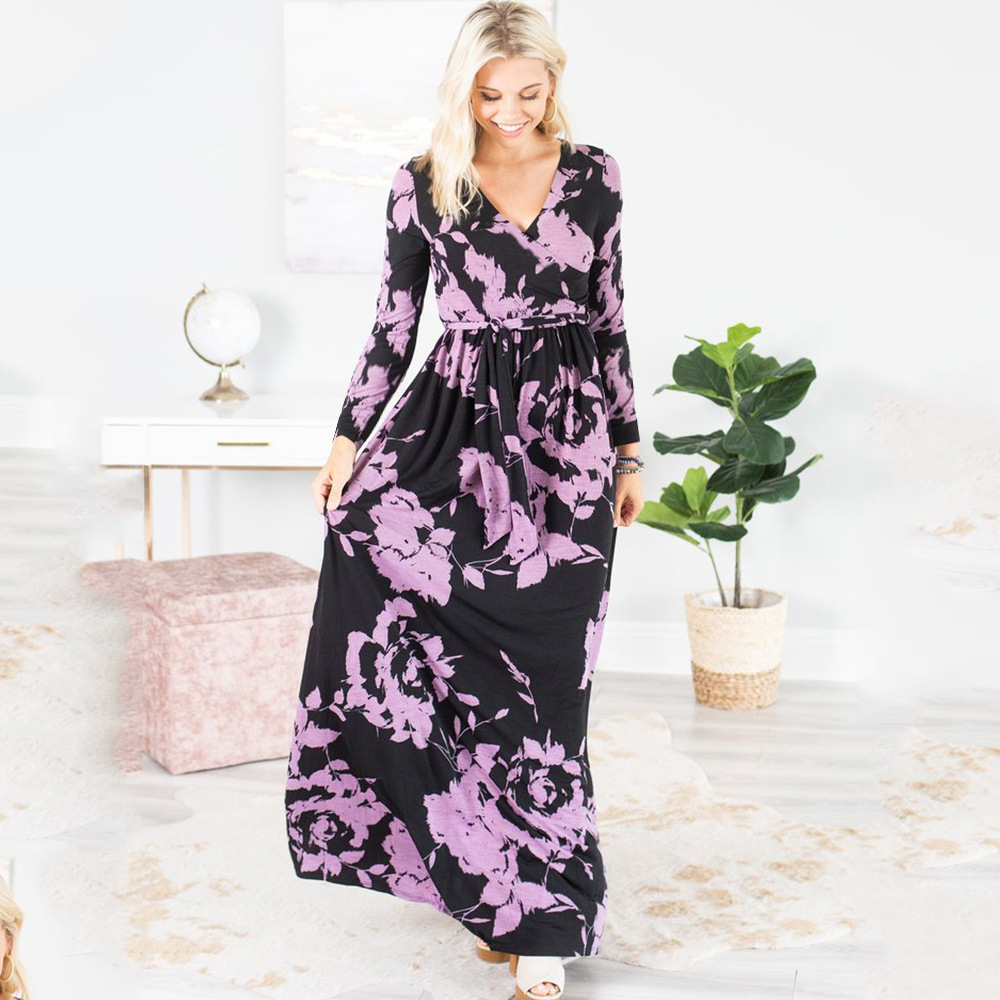 Spring Womens Long Dress V Neck Mid Waist Floral Print Long Sleeve Casual or Formal Wear Wholesale Available