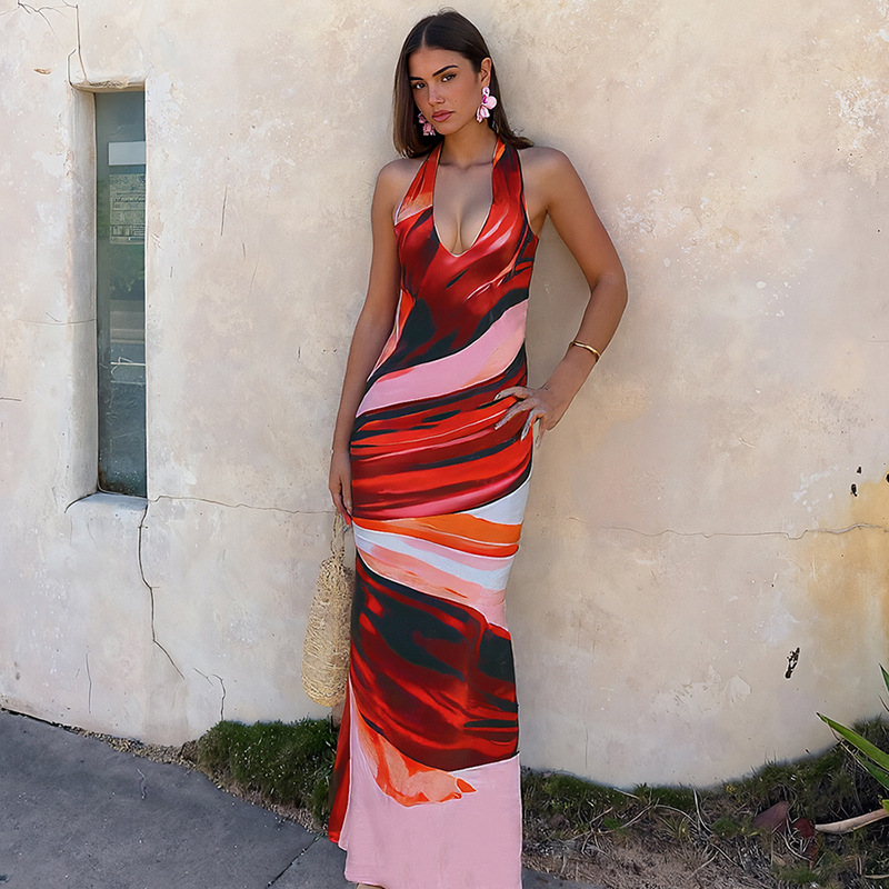 Fashionable Spring Women's Dress with Sexy Halter Neck, Backless Design, Color Block Print, and Bodycon Maxi Length