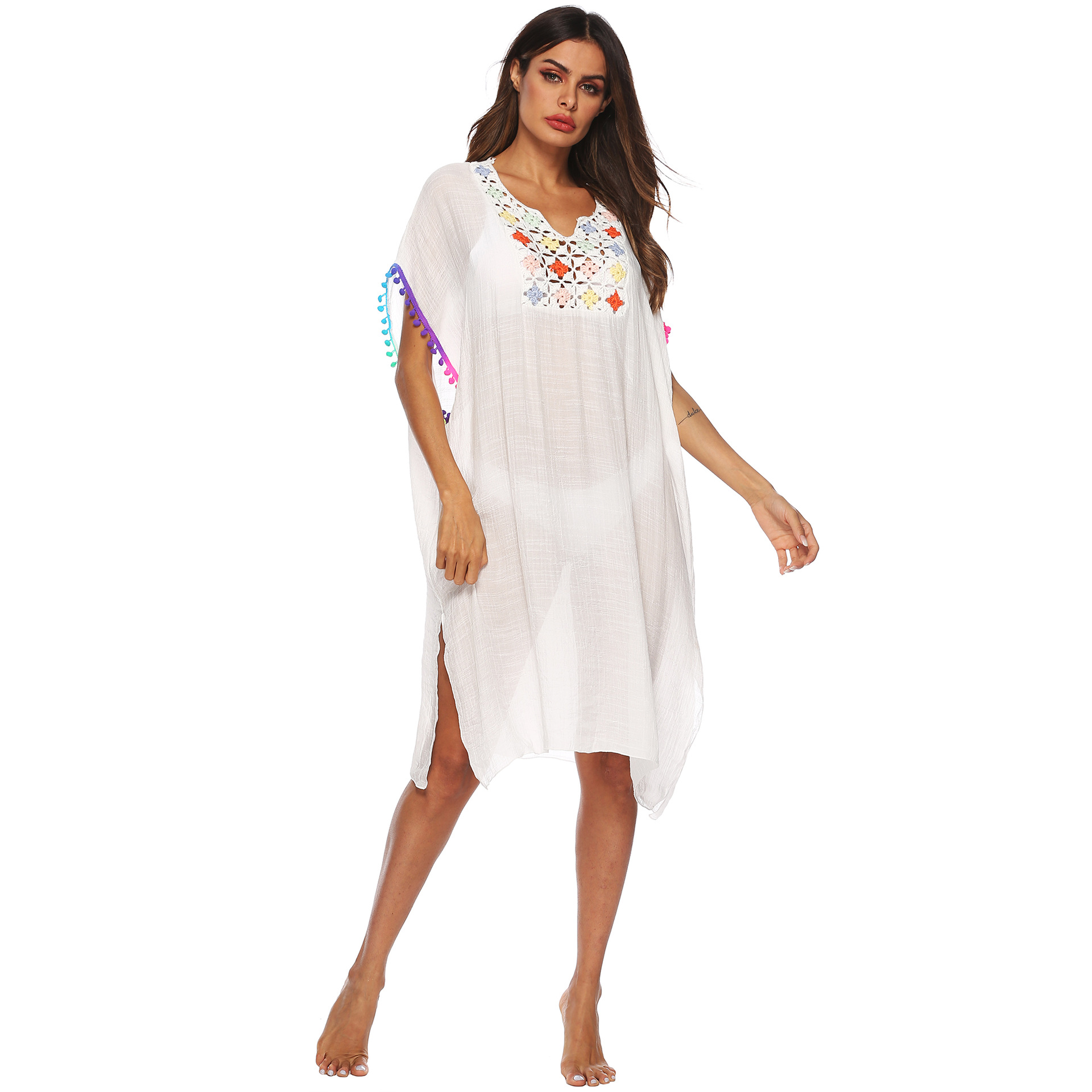 Loose Fit Crochet Lace Trim Tassel Beach Cover Up Dress Lightweight Bohemian Style Summer Wear Wholesale Available