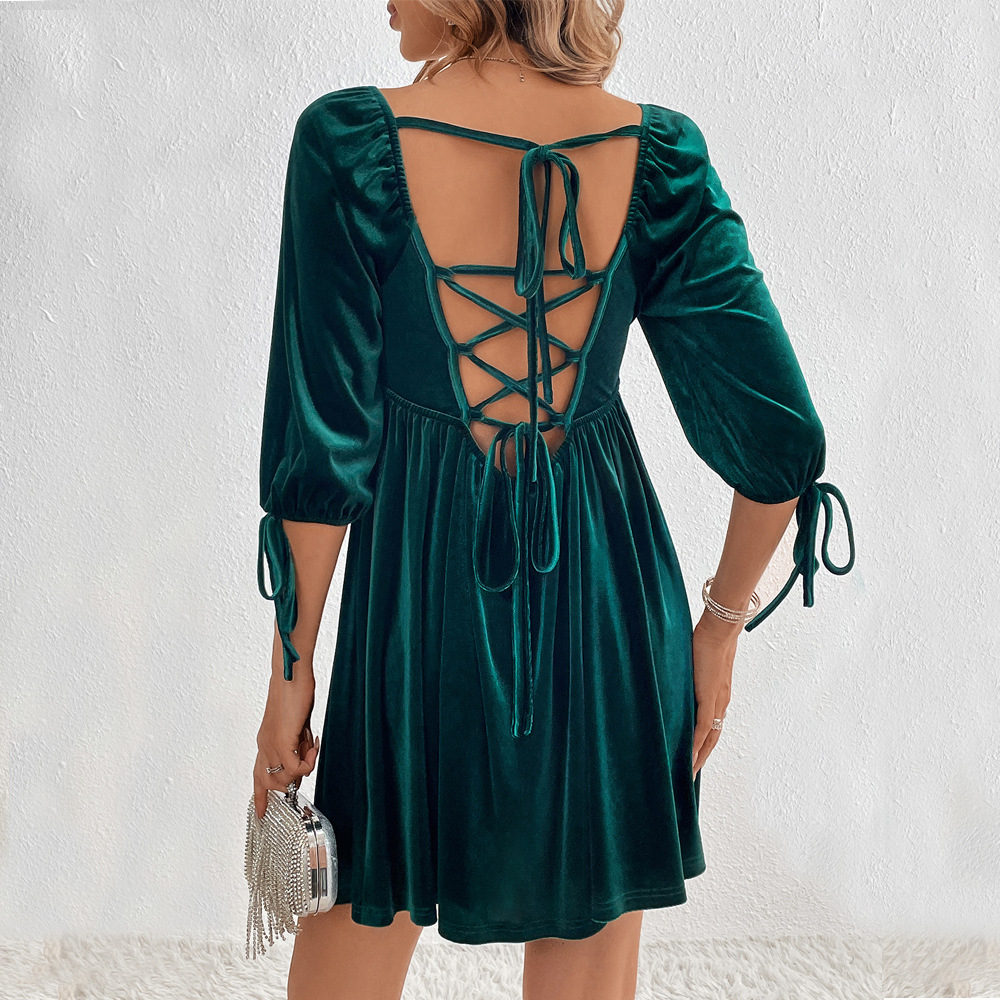 New Velvet Party Square Neck Back Tie Fashion High Waist A line Pullover Mini Dress for Women