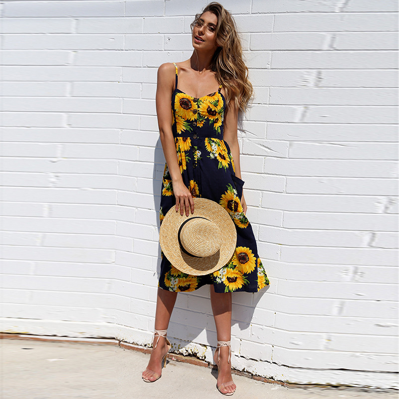 Sunflower Pineapple Print Button Back Sexy Slip Dress 36 Colors 6 Sizes Lightweight Fabric Summer Casual Wear