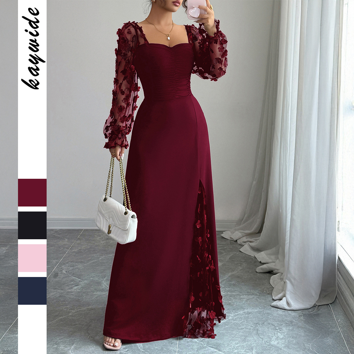 Elegant Hollow Out Long Sleeve Long Dress for Women