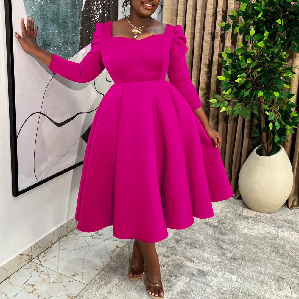 D3354 Autumn Winter New Women's Fashion Solid Color Square Neck High Waist Big Skirt Dress African Dress