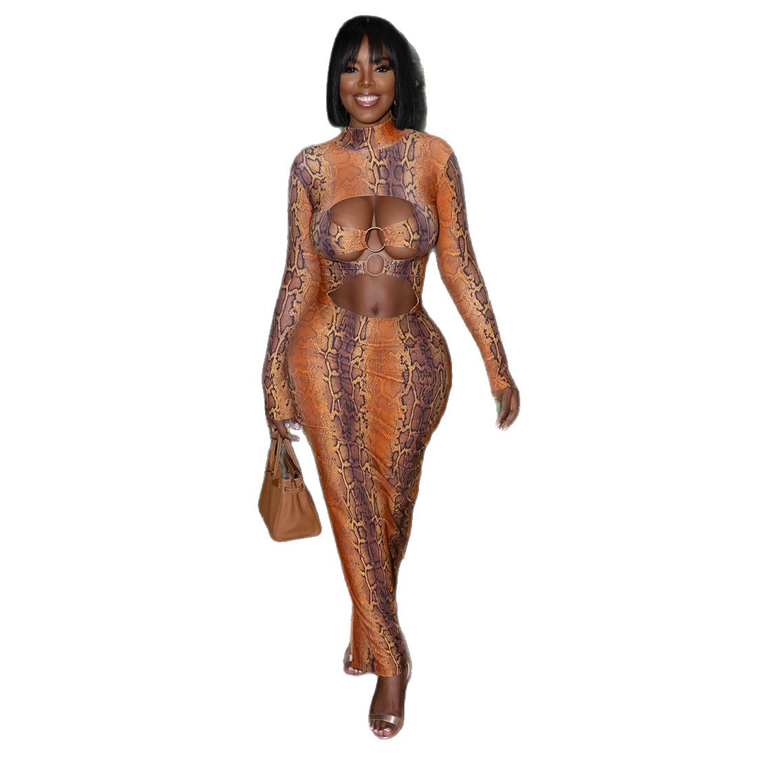 Fashionable High Neck Long Sleeve Bodycon Dress with Metal Buckle and Snake Print for Women in Autumn and Winter