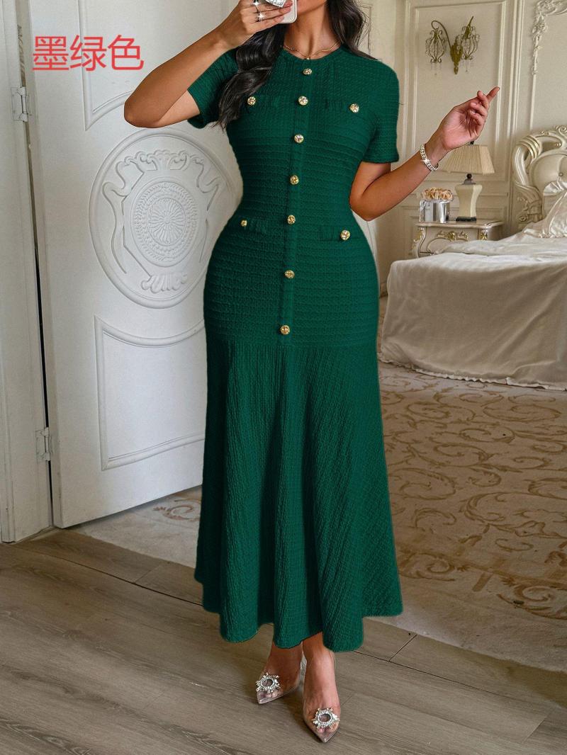 European and American Simple Elegant Button Short Sleeve Long Dress for Women Autumn and Winter